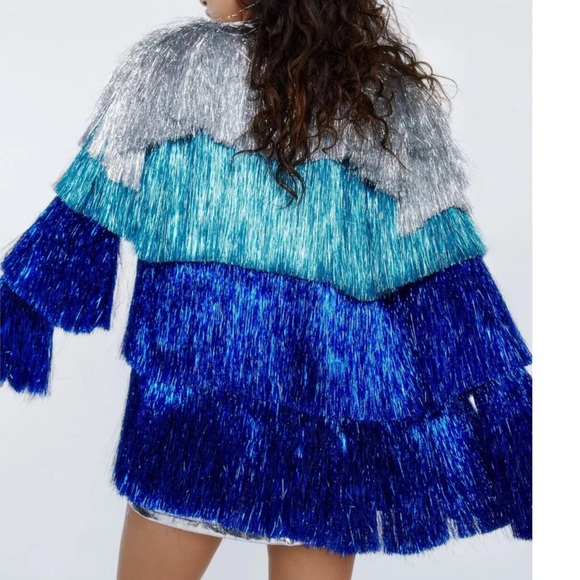 Nasty Gal Jackets & Coats Metallic Tinsel Fringe Open Front Jacket